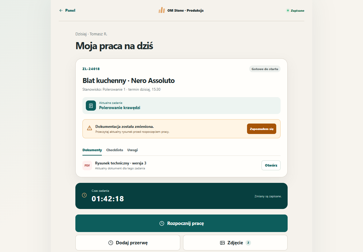 Widok pracownika OM Produkcja na tablecie