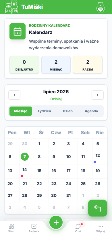 Kalendarz rodzinny w aplikacji TuMiśki