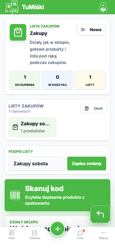 Lista zakupów w aplikacji TuMiśki